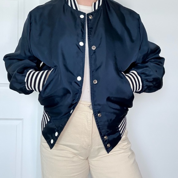 Jackets & Blazers - Navy Snap-Front Satin Jacket with Striped Trim